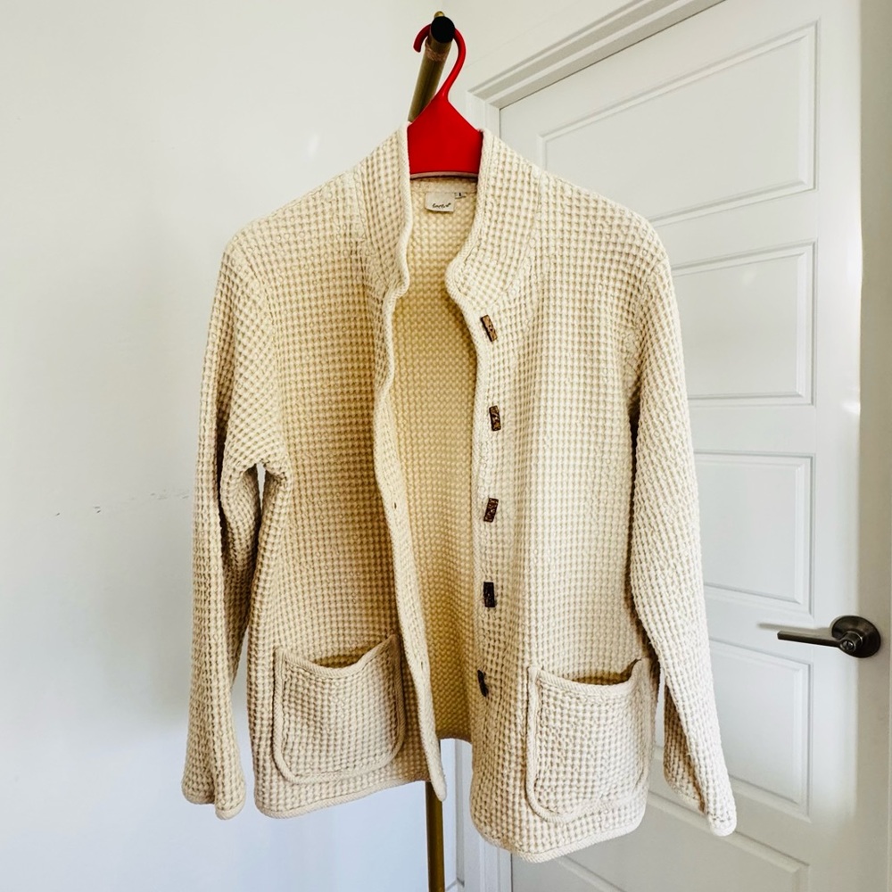Cream Cotton Waffle Knit Button Down‎ Jacket L Lagenlook Scandi Girl Coastal